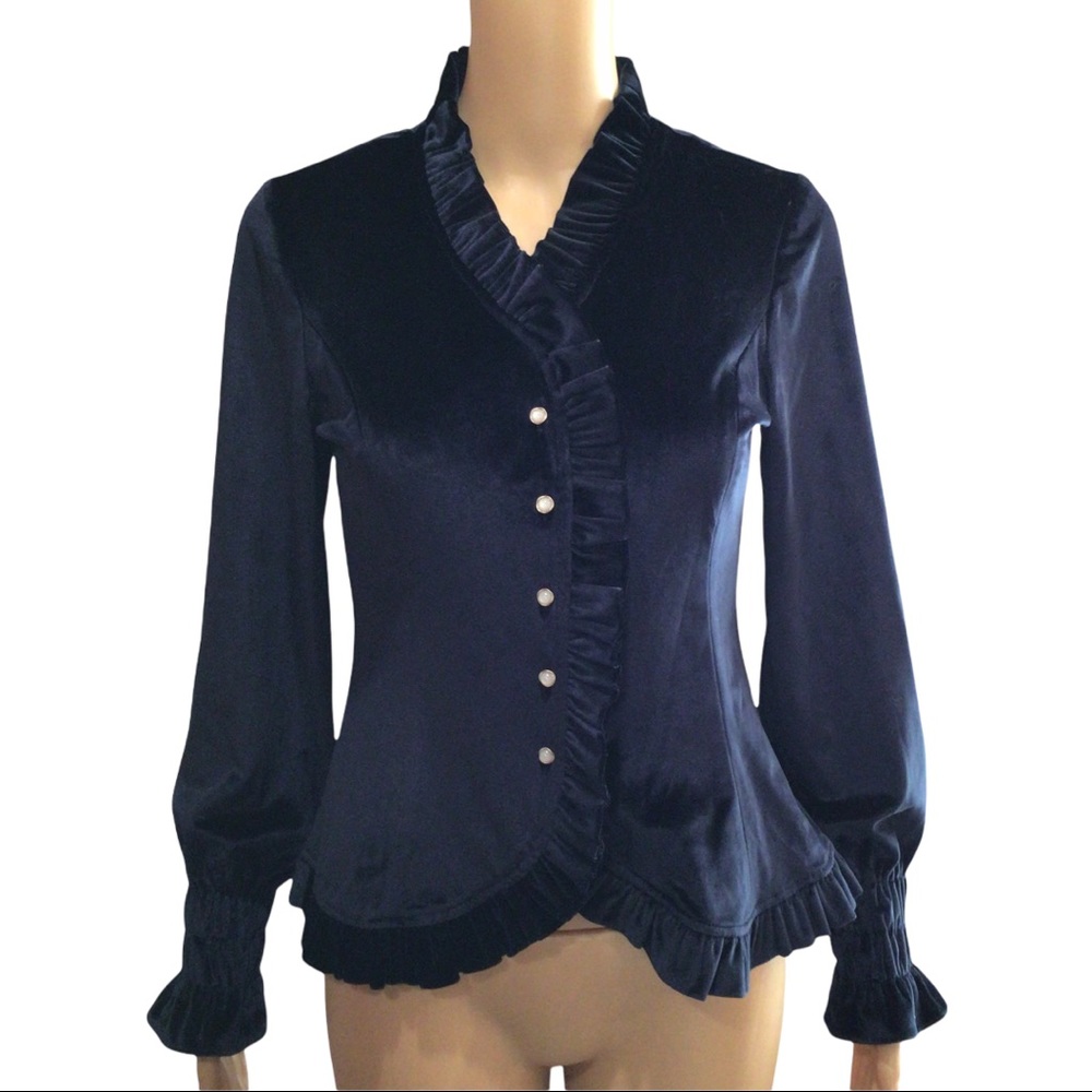 Simple Retro Luxe Blue Velvet Victorian Style Ruffled Jacket NWOT S/M